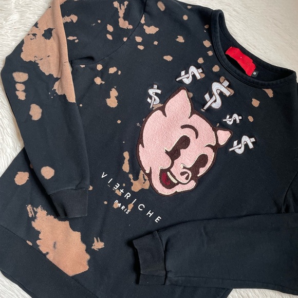 Vie + Riche Paris embroidered piggy head bleached pullover sweater - Picture 1 of 10